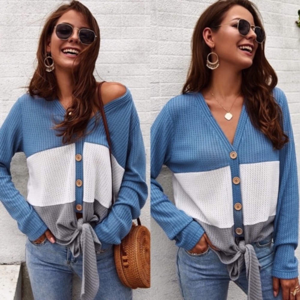 Cozy Button up Waffle Front Tie Top - Picture 2 of 9